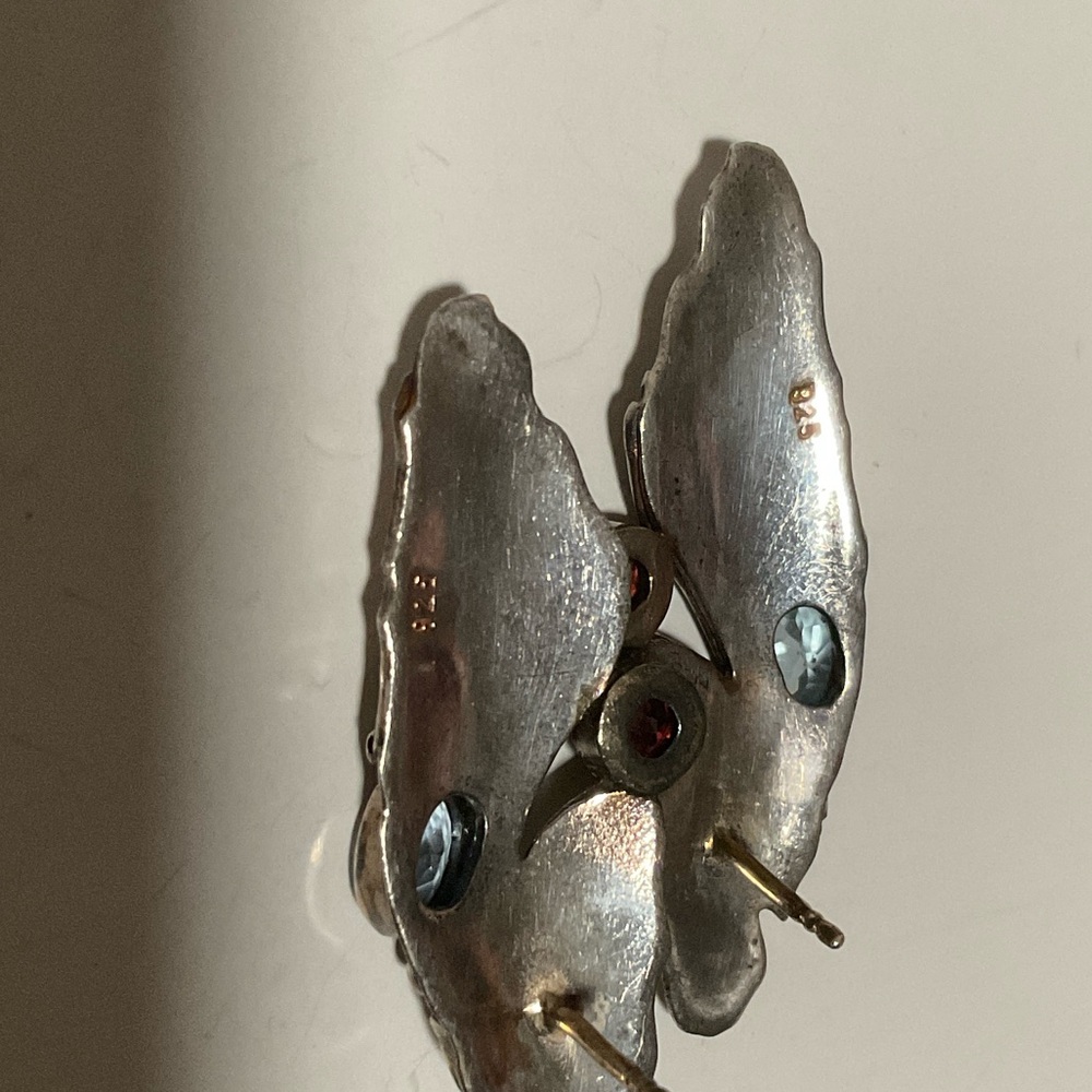 VINTAGE STERLING Silver 925 and Gold Leaf Earrings with Red GARNET, Blue TOPAZ - Picture 7 of 8